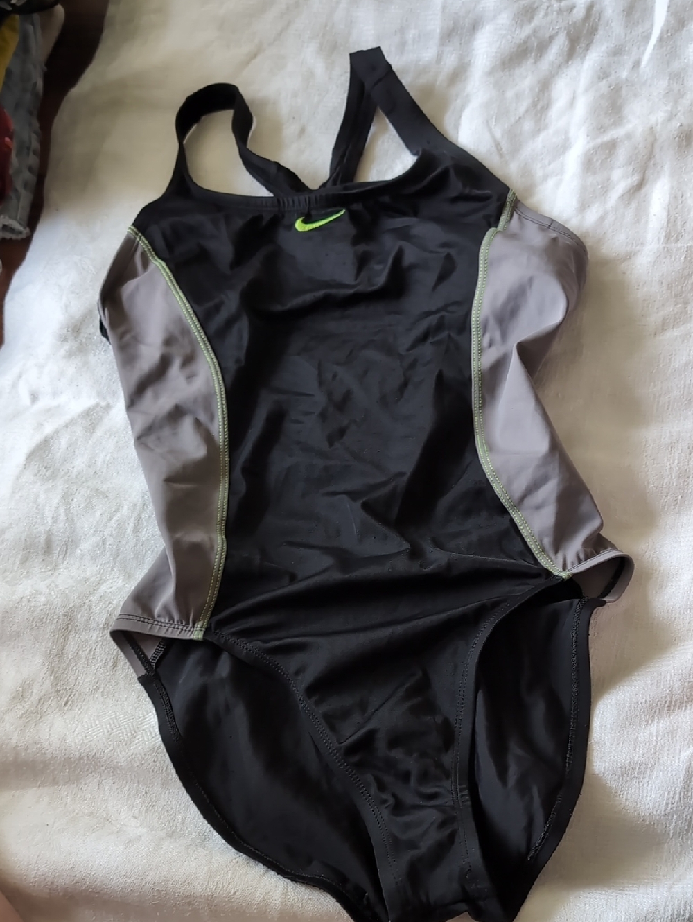 Nike Black and Gray One-Piece Swimsuit with Neon Green Logo